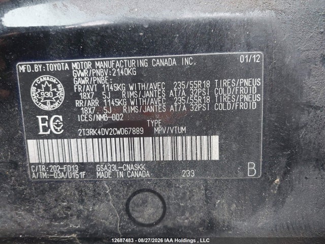 2012 Toyota Rav4 Sport V6 მანქანა იყიდება აუქციონზე, vin: 2T3RK4DV2CW067889, აუქციონის ნომერი: 12687483