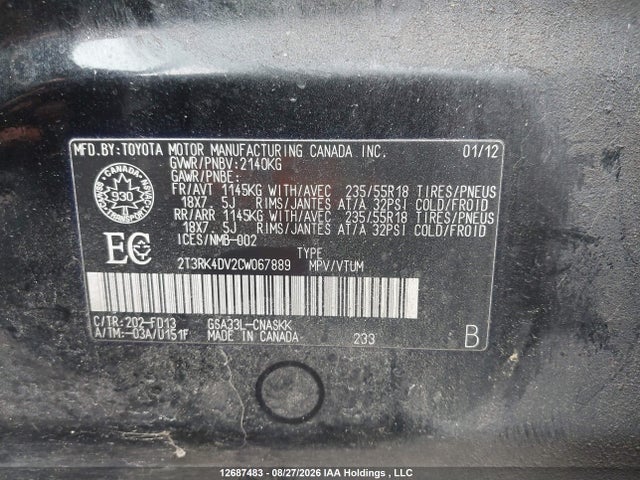 2012 Toyota Rav4 Sport V6 მანქანა იყიდება აუქციონზე, vin: 2T3RK4DV2CW067889, აუქციონის ნომერი: 12687483