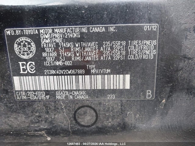 2012 Toyota Rav4 Sport V6 მანქანა იყიდება აუქციონზე, vin: 2T3RK4DV2CW067889, აუქციონის ნომერი: 12687483