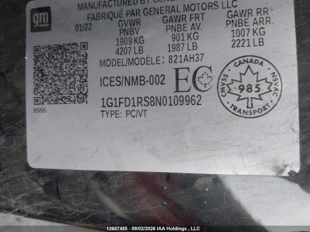 1G1FD1RS8N0109962 Chevrolet Camaro 3lt