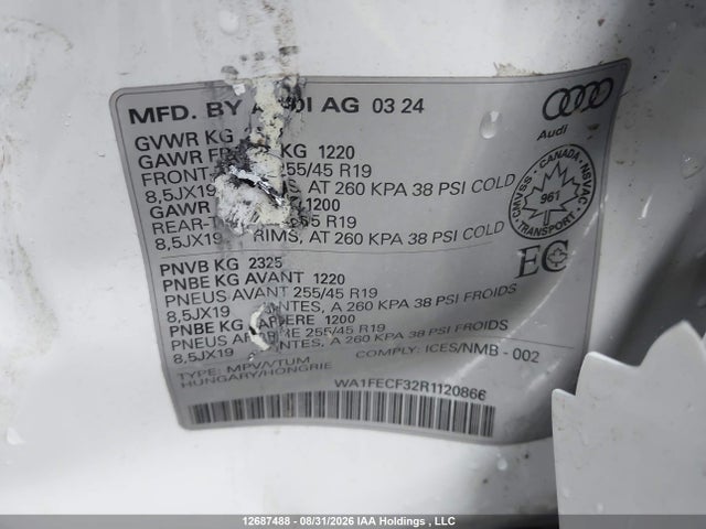 12687488 :رقم المزاد ، WA1FECF32R1120866 vin ، 2024 Audi Q3 مزاد بيع