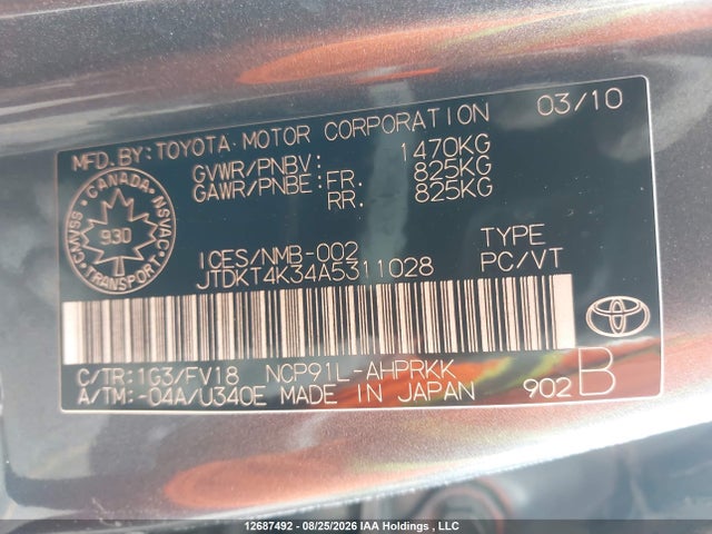 12687492 :رقم المزاد ، JTDKT4K34A5311028 vin ، 2010 Toyota Yaris مزاد بيع