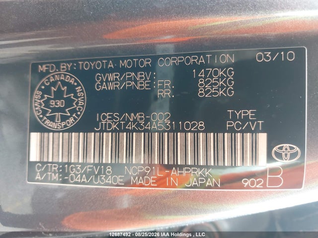 12687492 :رقم المزاد ، JTDKT4K34A5311028 vin ، 2010 Toyota Yaris مزاد بيع