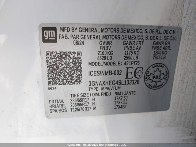 Продаж на аукціоні авто 2025 Chevrolet Equinox Lt, vin: 3GNAXHEG4SL133328, номер лоту: 12687498