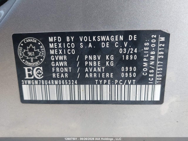 Aukcja sprzedaży 2024 Volkswagen Jetta Sel, vin: 3VWGM7BU4RM065324, numer aukcji: 12687501