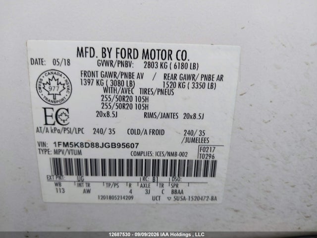 12687530 :رقم المزاد ، 1FM5K8D88JGB95607 vin ، 2018 Ford Explorer Xlt مزاد بيع