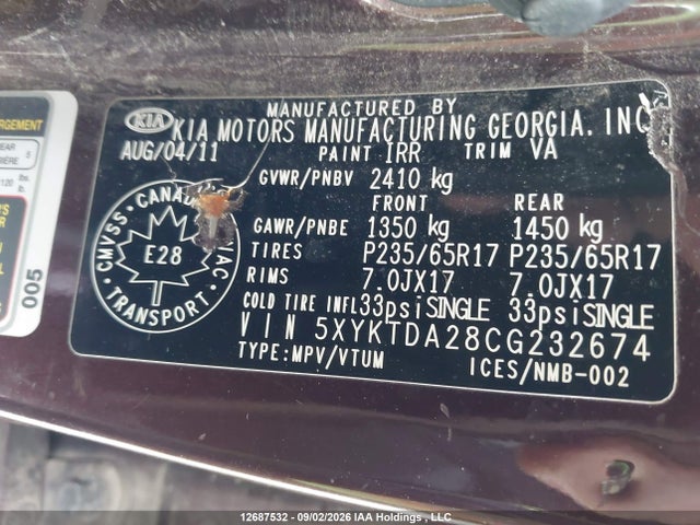 Продажа на аукционе авто 2012 Kia Sorento Lx, vin: 5XYKTDA28CG232674, номер лота: 12687532