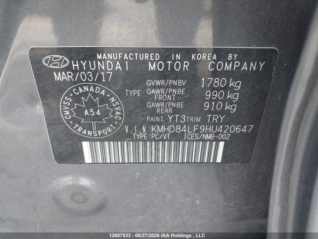 12687533 :رقم المزاد ، KMHD84LF9HU420647 vin ، 2017 Hyundai Elantra Gl مزاد بيع