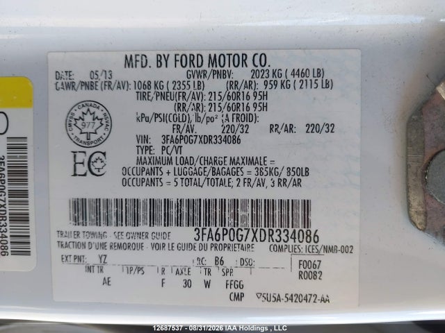 2013 Ford Fusion S მანქანა იყიდება აუქციონზე, vin: 3FA6P0G7XDR334086, აუქციონის ნომერი: 12687537