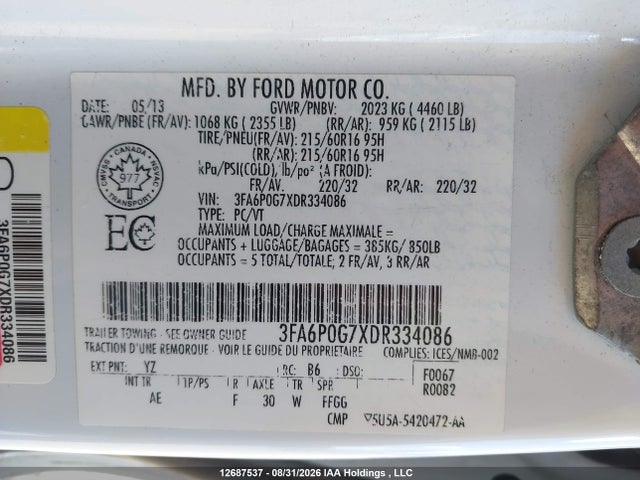 2013 Ford Fusion S მანქანა იყიდება აუქციონზე, vin: 3FA6P0G7XDR334086, აუქციონის ნომერი: 12687537