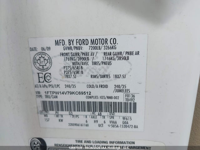 Продаж на аукціоні авто 2009 Ford F150 Supercrew, vin: 1FTPW14V79KC69512, номер лоту: 12687538