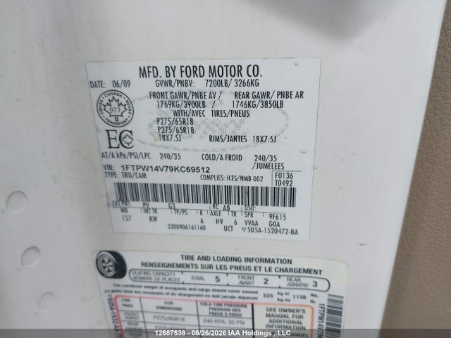 Продаж на аукціоні авто 2009 Ford F150 Supercrew, vin: 1FTPW14V79KC69512, номер лоту: 12687538