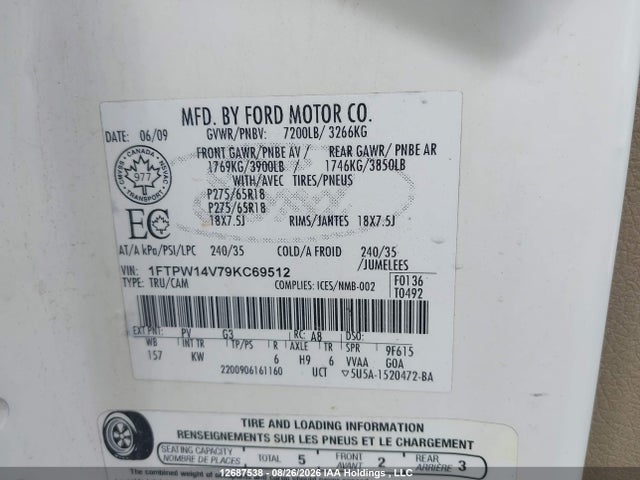 Продаж на аукціоні авто 2009 Ford F150 Supercrew, vin: 1FTPW14V79KC69512, номер лоту: 12687538