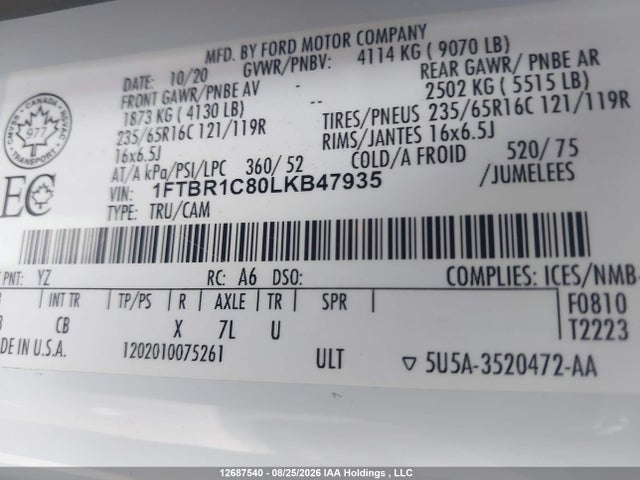 Aukcja sprzedaży 2020 Ford Transit-250 Cargo, vin: 1FTBR1C80LKB47935, numer aukcji: 12687540