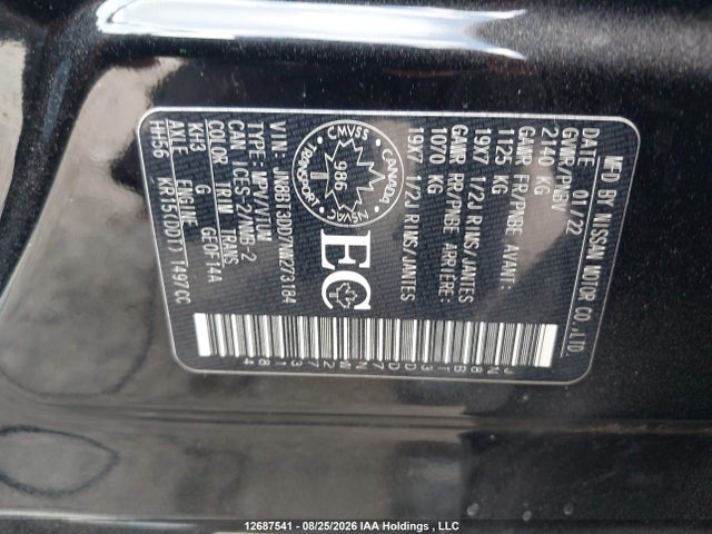 Продаж на аукціоні авто 2022 Nissan Rogue Platinum, vin: JN8BT3DD7NW273184, номер лоту: 12687541