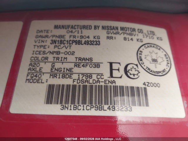 Продаж на аукціоні авто 2011 Nissan Versa S/sl, vin: 3N1BC1CP9BL493233, номер лоту: 12687548