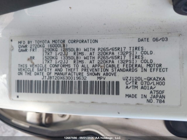 Aukcja sprzedaży 2003 Lexus Gx 470 470, vin: JTJBT20X630019632, numer aukcji: 12687556