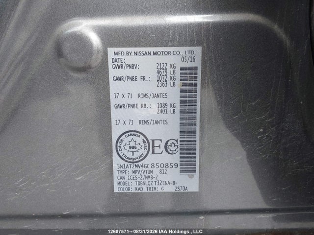 12687571 :رقم المزاد ، 5N1AT2MV4GC850859 vin ، 2016 Nissan Rogue S/sl/sv مزاد بيع