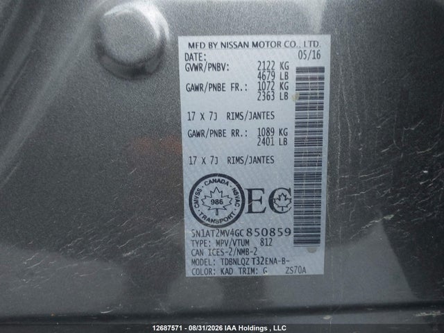 12687571 :رقم المزاد ، 5N1AT2MV4GC850859 vin ، 2016 Nissan Rogue S/sl/sv مزاد بيع