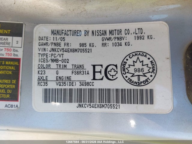 12687584 :رقم المزاد ، JNKCV54EX6M705521 vin ، 2006 Infiniti G35 مزاد بيع