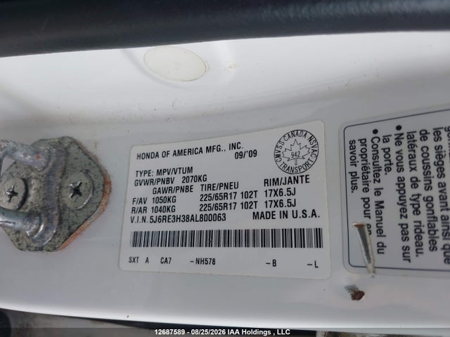 12687589 :رقم المزاد ، 5J6RE3H38AL800063 vin ، 2010 Honda Cr-v Lx مزاد بيع