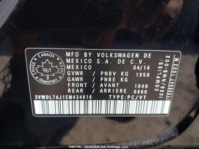 12687592 :رقم المزاد ، 3VWDL7AJ1EM434616 vin ، 2014 Volkswagen Jetta 2.0 Tdi Comfortline/2.0 Tdi Highline/2.0 Tdi Trendline+ مزاد بيع