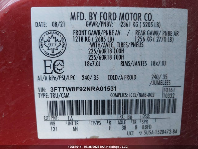 Aukcja sprzedaży 2022 Ford Maverick Xl/xlt/lariat, vin: 3FTTW8F92NRA01531, numer aukcji: 12687614