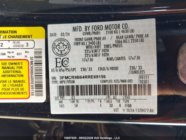 12687620 :رقم المزاد ، 3FMCR9B64RRE69156 vin ، 2024 Ford Bronco Sport مزاد بيع