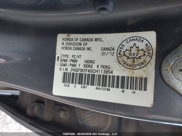 Aukcja sprzedaży 2012 Honda Civic Lx, vin: 2HGFB2F40CH113894, numer aukcji: 12687626