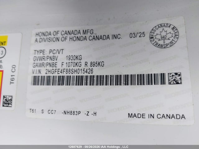 Honda Civic 2025 2HGFE4F88SH015426 Image 9