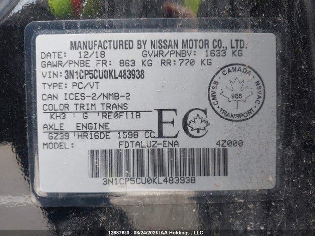 3N1CP5CU0KL483938 Nissan Kicks S/sr/sv