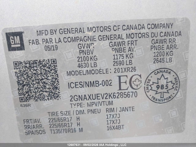 Aukcja sprzedaży 2019 Chevrolet Equinox Lt, vin: 2GNAXUEV2K6285670, numer aukcji: 12687631