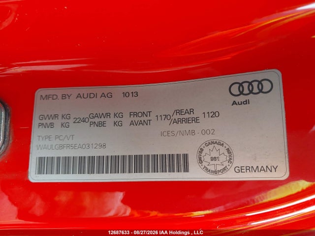 2014 Audi S5 Premium მანქანა იყიდება აუქციონზე, vin: WAULGBFR5EA031298, აუქციონის ნომერი: 12687633