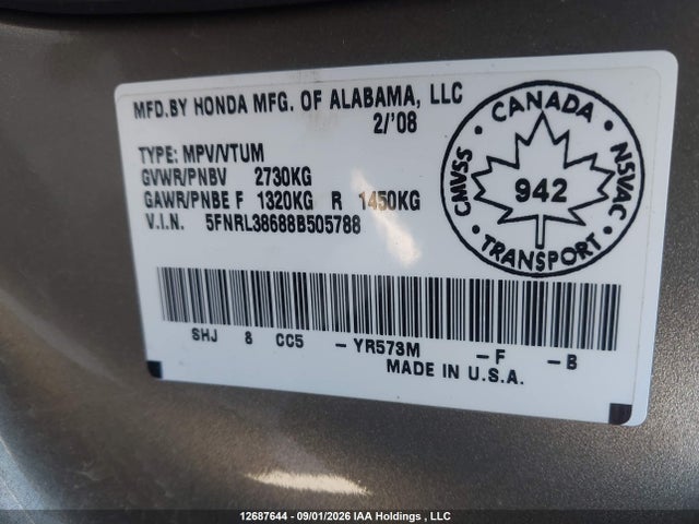 Продаж на аукціоні авто 2008 Honda Odyssey Ex-l, vin: 5FNRL38688B505788, номер лоту: 12687644