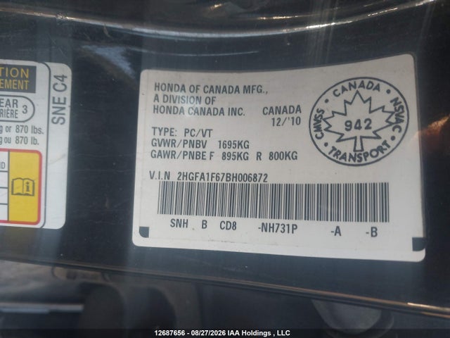 2011 Honda Civic Se მანქანა იყიდება აუქციონზე, vin: 2HGFA1F67BH006872, აუქციონის ნომერი: 12687656