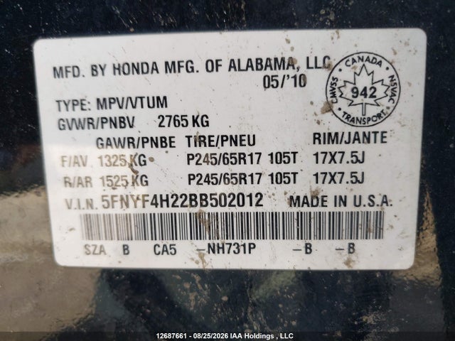 Продажа на аукционе авто 2011 Honda Pilot, vin: 5FNYF4H22BB502012, номер лота: 12687661