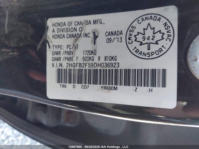 Продаж на аукціоні авто 2013 Honda Civic Lx, vin: 2HGFB2F59DH036923, номер лоту: 12687665
