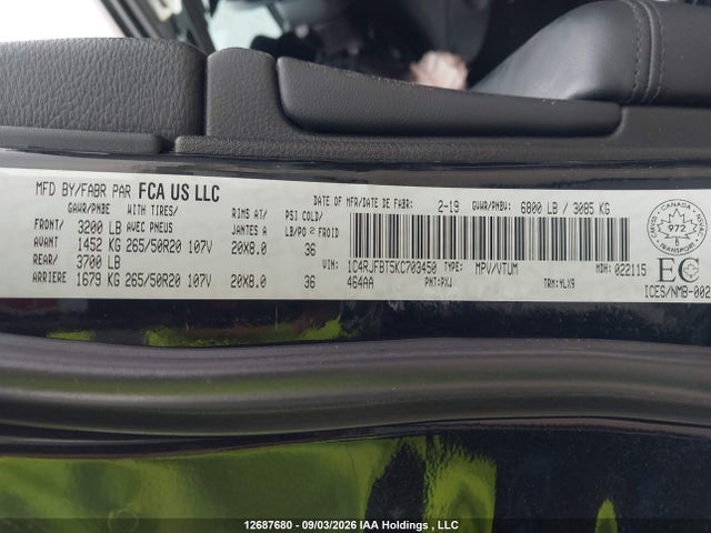 Продаж на аукціоні авто 2019 Jeep Grand Cherokee Limited, vin: 1C4RJFBT5KC703450, номер лоту: 12687680