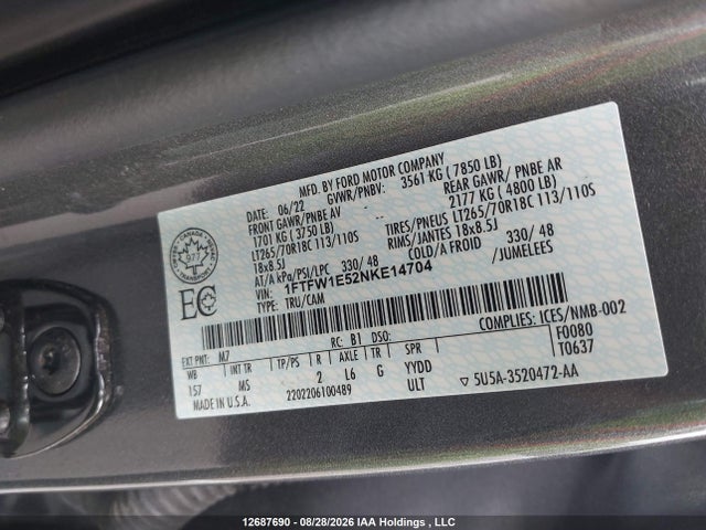 1FTFW1E52NKE14704 Ford F-150 Xlt
