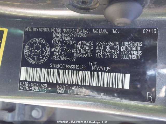 2010 Toyota Highlander V6 Sport მანქანა იყიდება აუქციონზე, vin: 5TDEK3EH8AS015196, აუქციონის ნომერი: 12687693