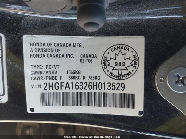 Aukcja sprzedaży 2006 Honda Civic Dx Vp, vin: 2HGFA16326H013529, numer aukcji: 12687708