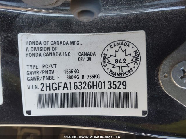 Aukcja sprzedaży 2006 Honda Civic Dx Vp, vin: 2HGFA16326H013529, numer aukcji: 12687708