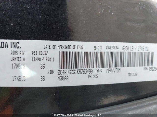 12687718 :رقم المزاد ، 2C4RDGCG1KR763490 vin ، 2019 Dodge Grand Caravan Sxt مزاد بيع