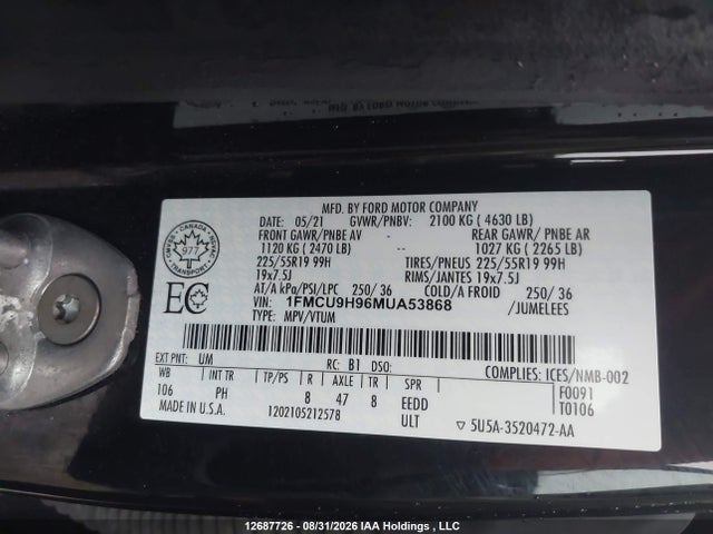 Продаж на аукціоні авто 2021 Ford Escape Sel, vin: 1FMCU9H96MUA53868, номер лоту: 12687726
