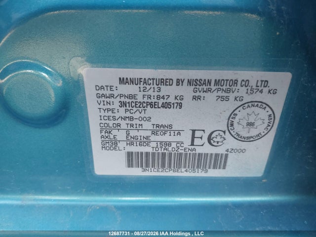 2014 Nissan Versa Note 1.6 S/1.6 Sl/1.6 Sv მანქანა იყიდება აუქციონზე, vin: 3N1CE2CP6EL405179, აუქციონის ნომერი: 12687731