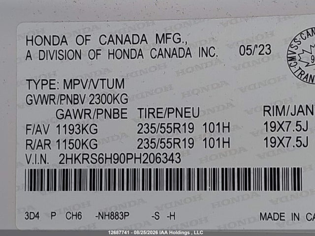 2HKRS6H90PH206343 Honda Cr-v Sport Touring