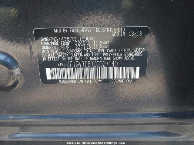 Aukcja sprzedaży 2013 Subaru Impreza Wrx, vin: JF1GV7F67DG027140, numer aukcji: 12687743
