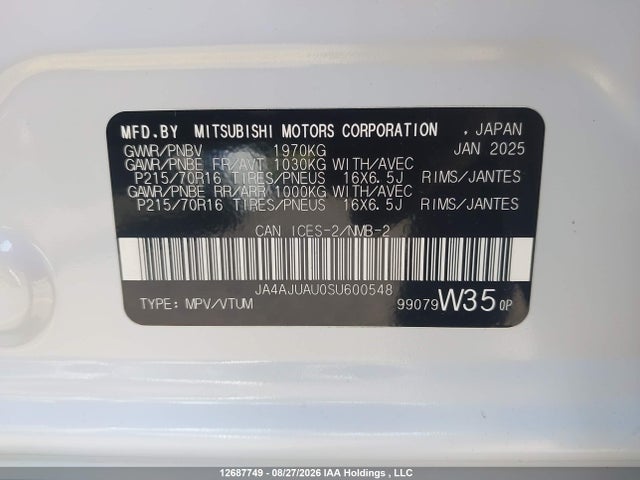 Aukcja sprzedaży 2025 Mitsubishi Rvr Es, vin: JA4AJUAU0SU600548, numer aukcji: 12687749
