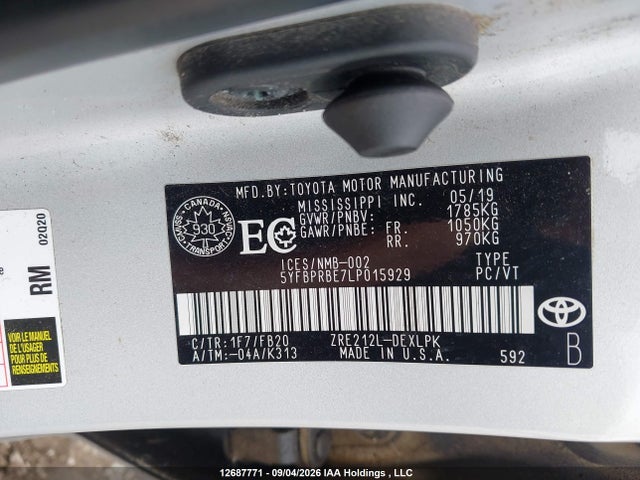 2020 Toyota Corolla მანქანა იყიდება აუქციონზე, vin: 5YFBPRBE7LP015929, აუქციონის ნომერი: 12687771