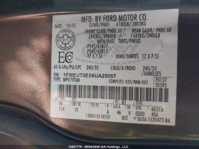 2006 Ford Explorer Xlt მანქანა იყიდება აუქციონზე, vin: 1FMEU73EX6UA25057, აუქციონის ნომერი: 12687779